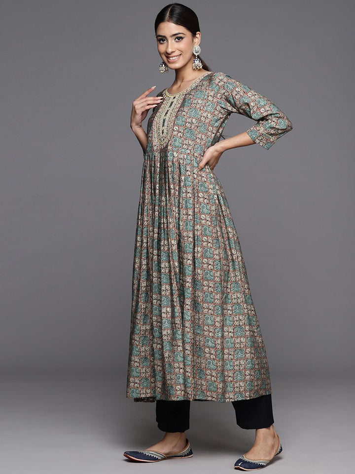 Blue Printed Silk Blend Anarkali Kurta With Trousers & Dupatta - ShopLibas
