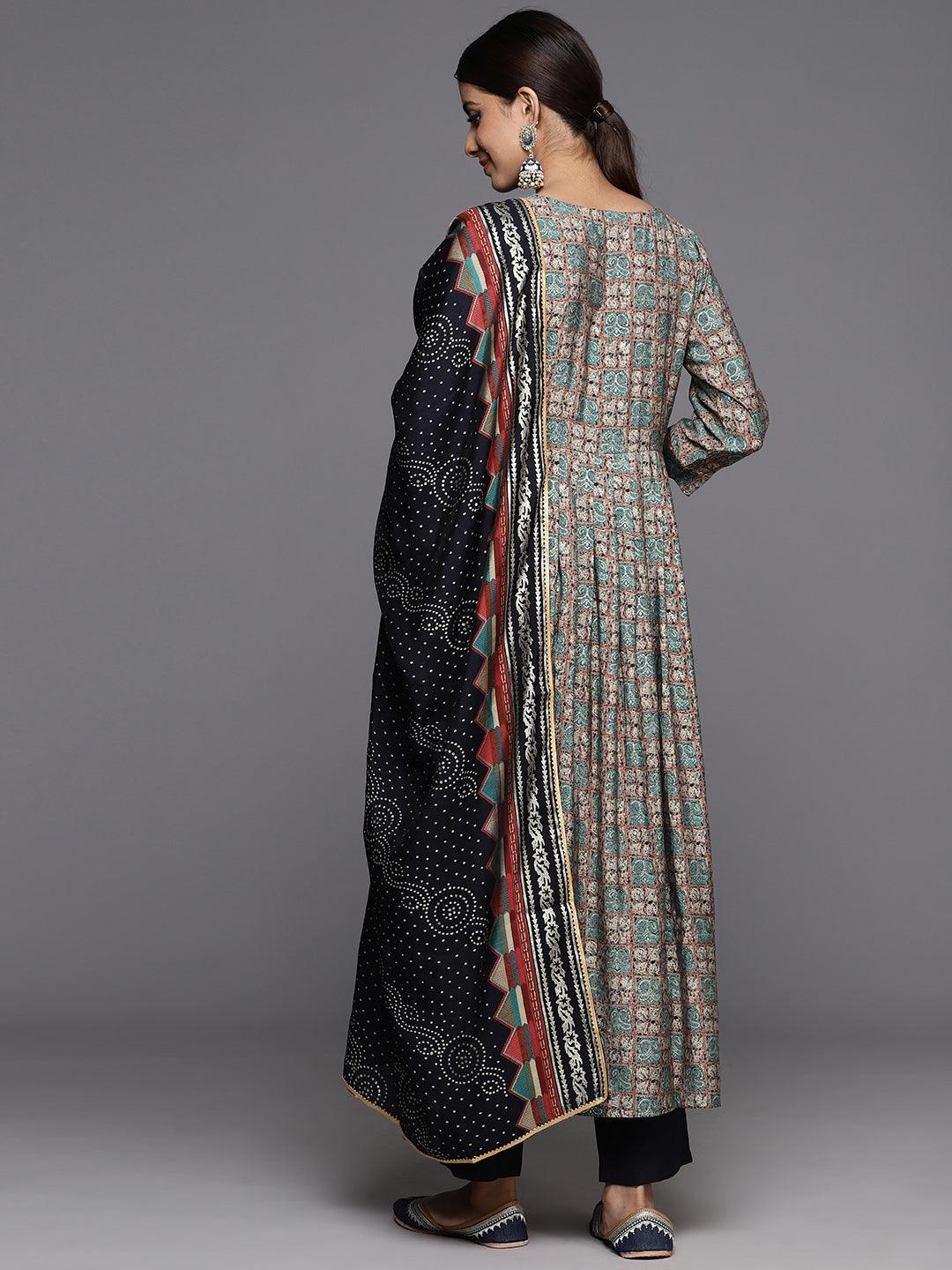 Blue Printed Silk Blend Anarkali Kurta With Trousers & Dupatta - ShopLibas