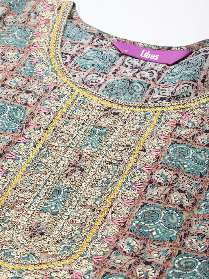 Blue Printed Silk Blend Anarkali Kurta With Trousers & Dupatta - ShopLibas