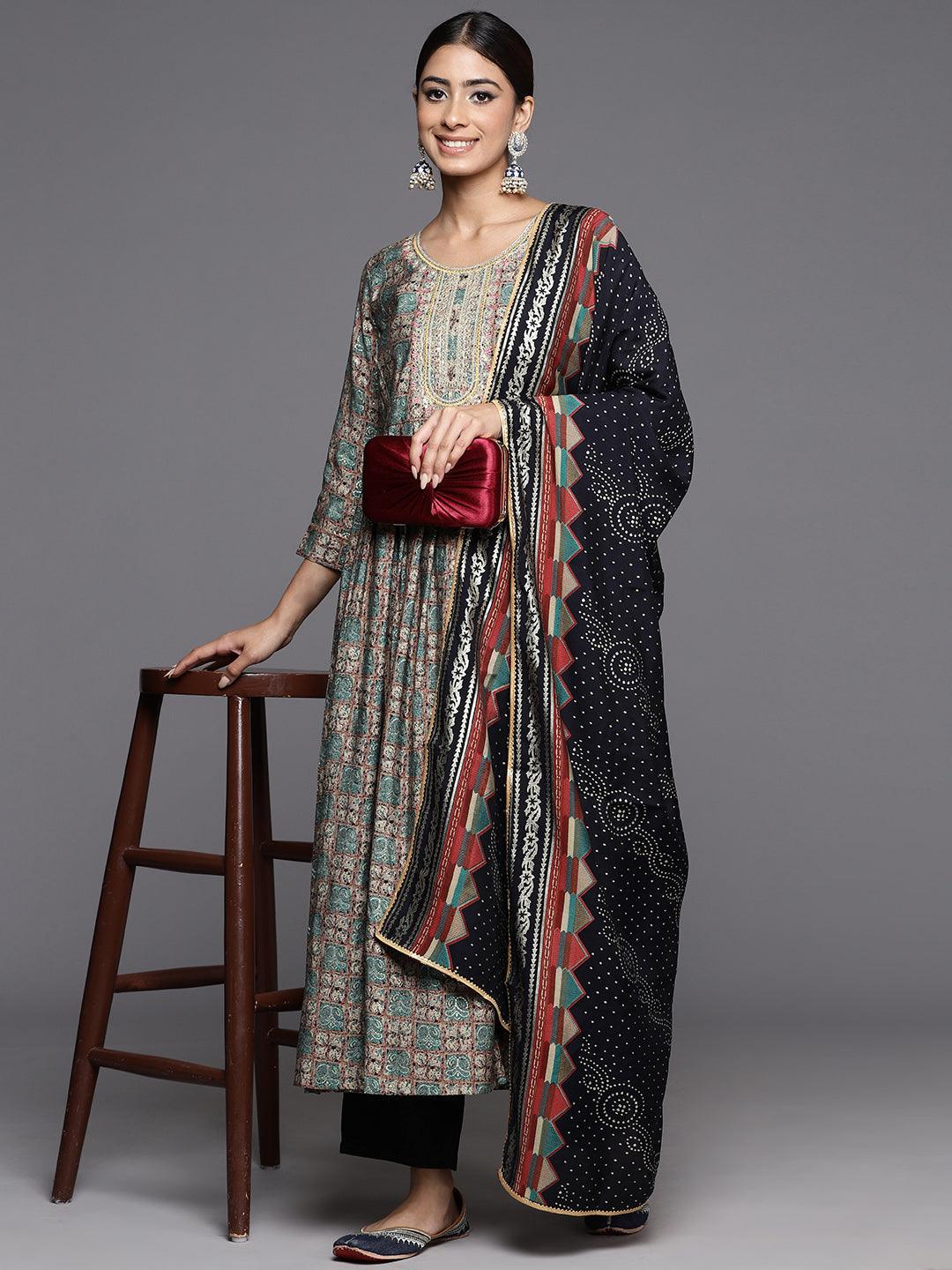 Blue Printed Silk Blend Anarkali Kurta With Trousers & Dupatta - ShopLibas