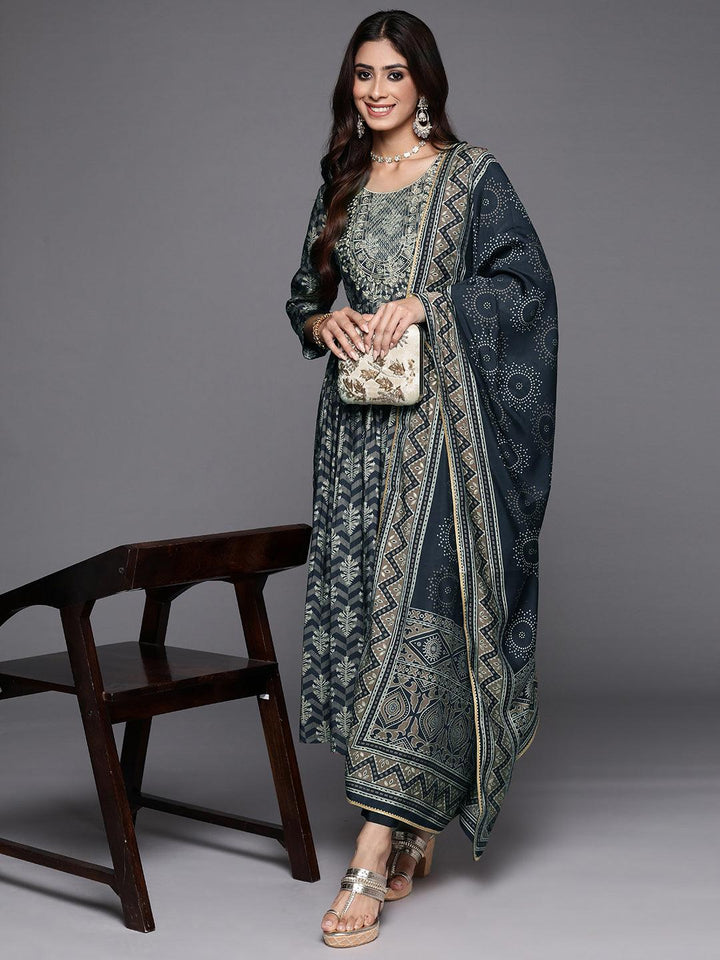 Blue Printed Silk Blend Anarkali Kurta With Trousers & Dupatta - ShopLibas
