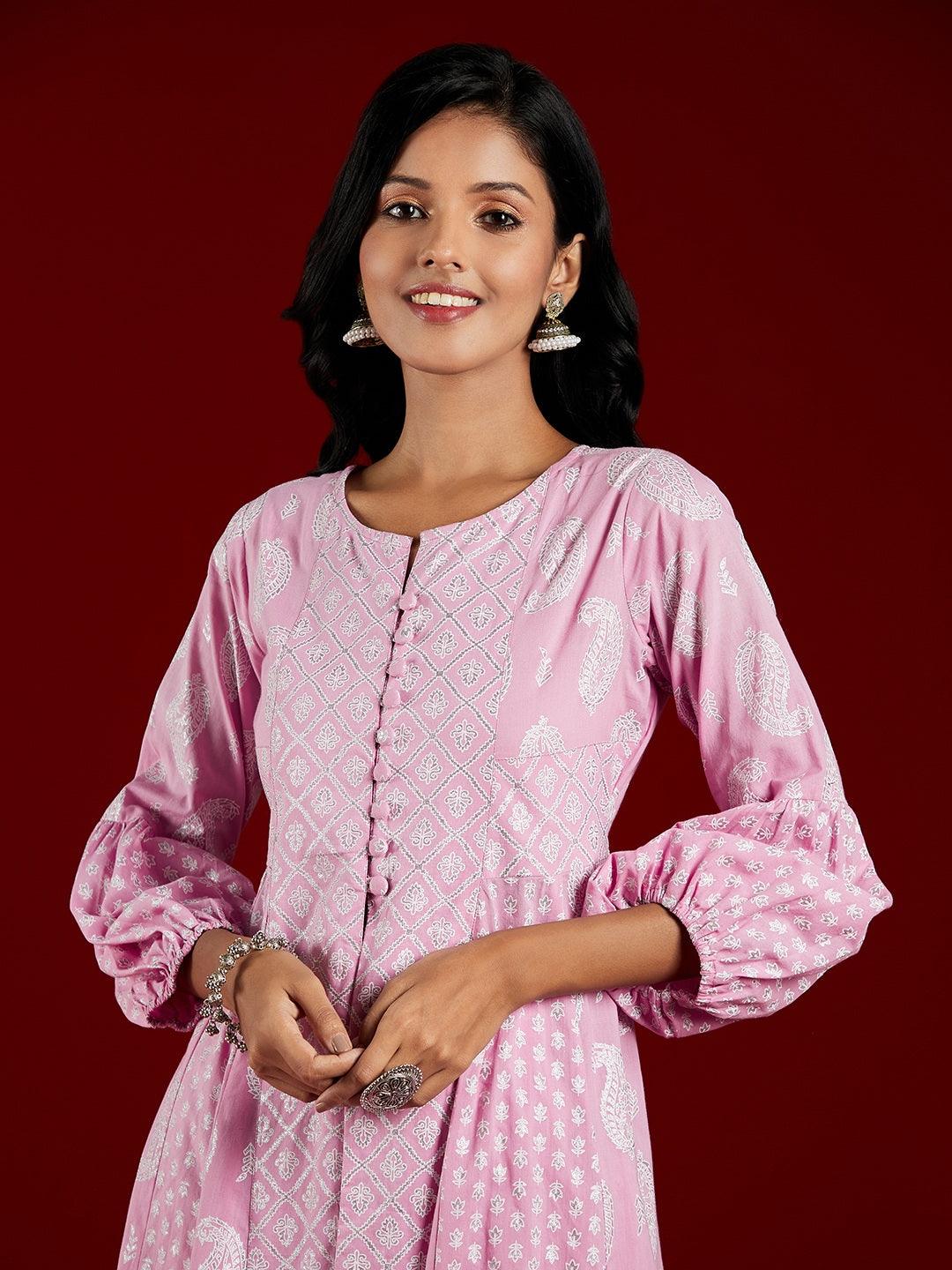 Lavender Printed Cotton Anarkali Kurta With Trousers - ShopLibas