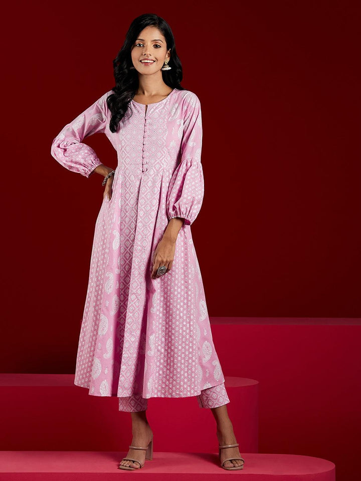 Lavender Printed Cotton Anarkali Kurta With Trousers - ShopLibas