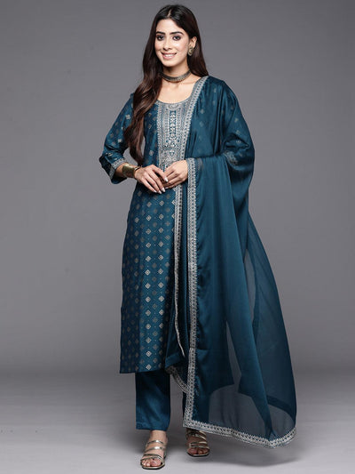 Teal Woven Design Silk Blend Straight Kurta With Trousers & Dupatta - ShopLibas