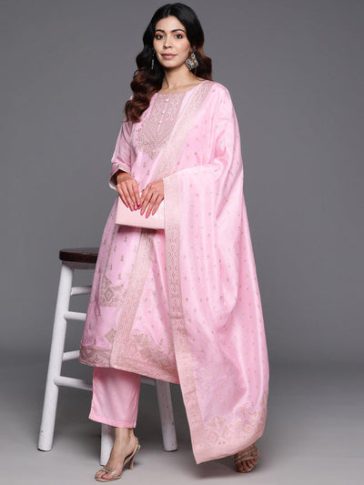 Pink Woven Design Silk Blend Straight Kurta With Trousers & Dupatta - ShopLibas