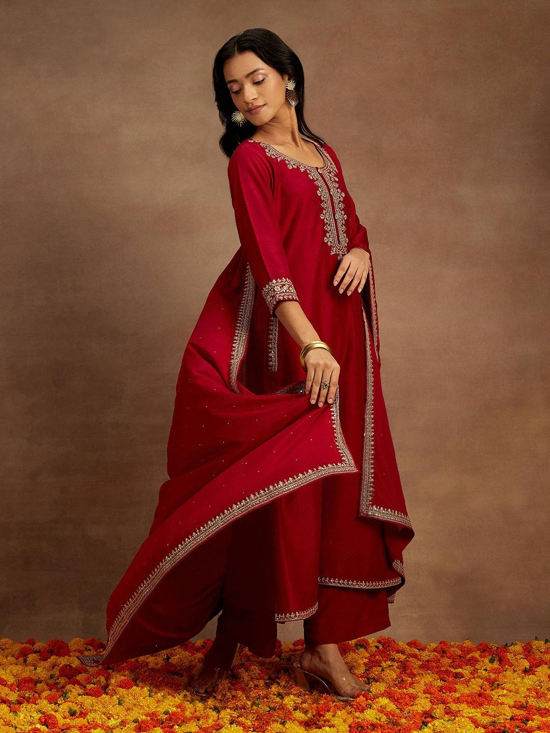 Maroon Yoke Design Silk Blend A-Line Kurta With Palazzos & Dupatta - ShopLibas