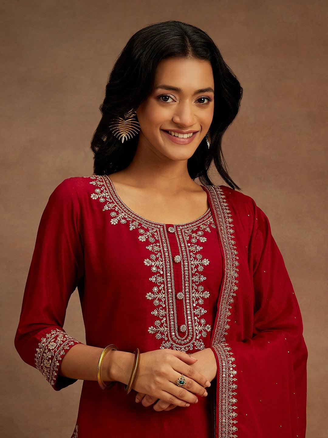 Maroon Yoke Design Silk Blend A-Line Kurta With Palazzos & Dupatta - ShopLibas