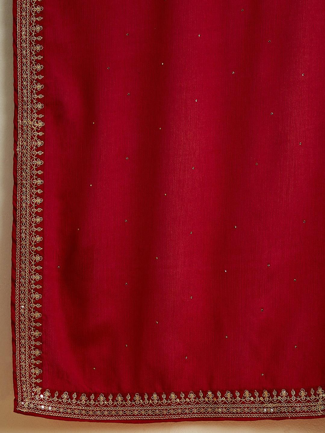 Maroon Yoke Design Silk Blend A-Line Kurta With Palazzos & Dupatta - ShopLibas
