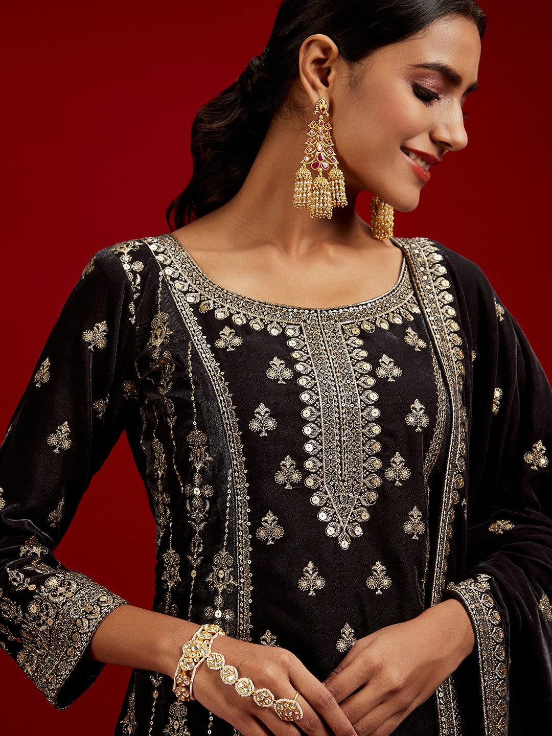 Libas Art Grey Embroidered Velvet Straight Kurta With Palazzos & Dupatta - ShopLibas