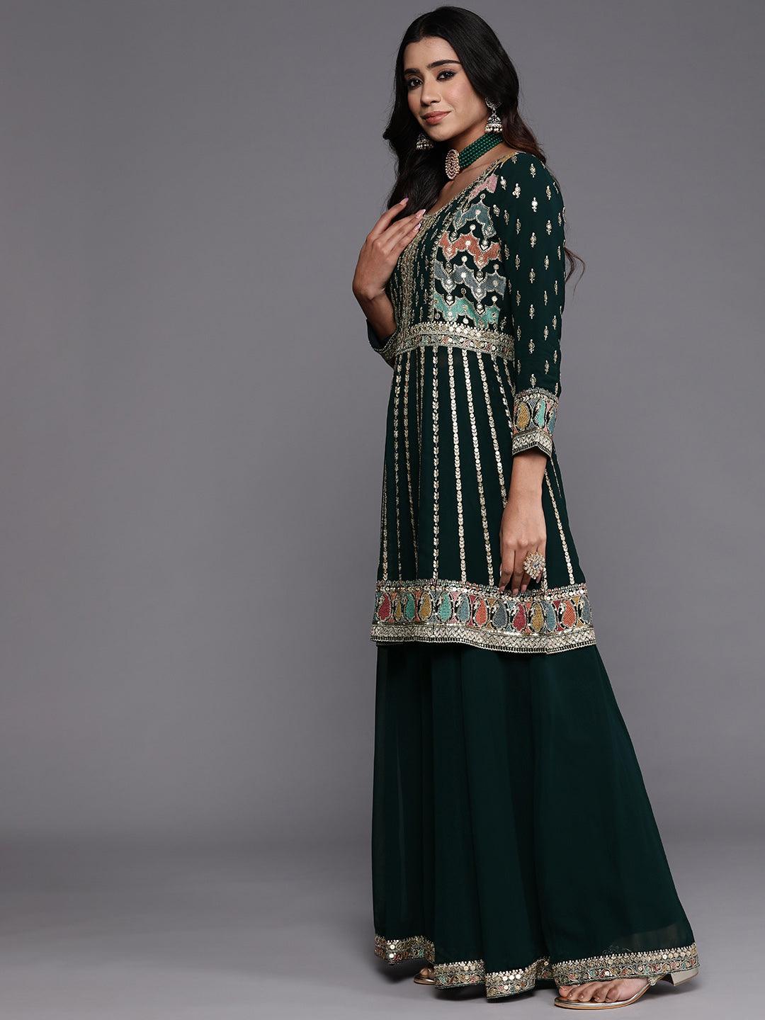 Libas Art Green Embroidered Georgette Anarkali Kurta With Palazzos & Dupatta - ShopLibas
