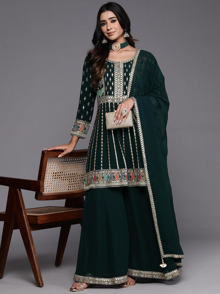 Libas Art Green Embroidered Georgette Anarkali Kurta With Palazzos & Dupatta - ShopLibas