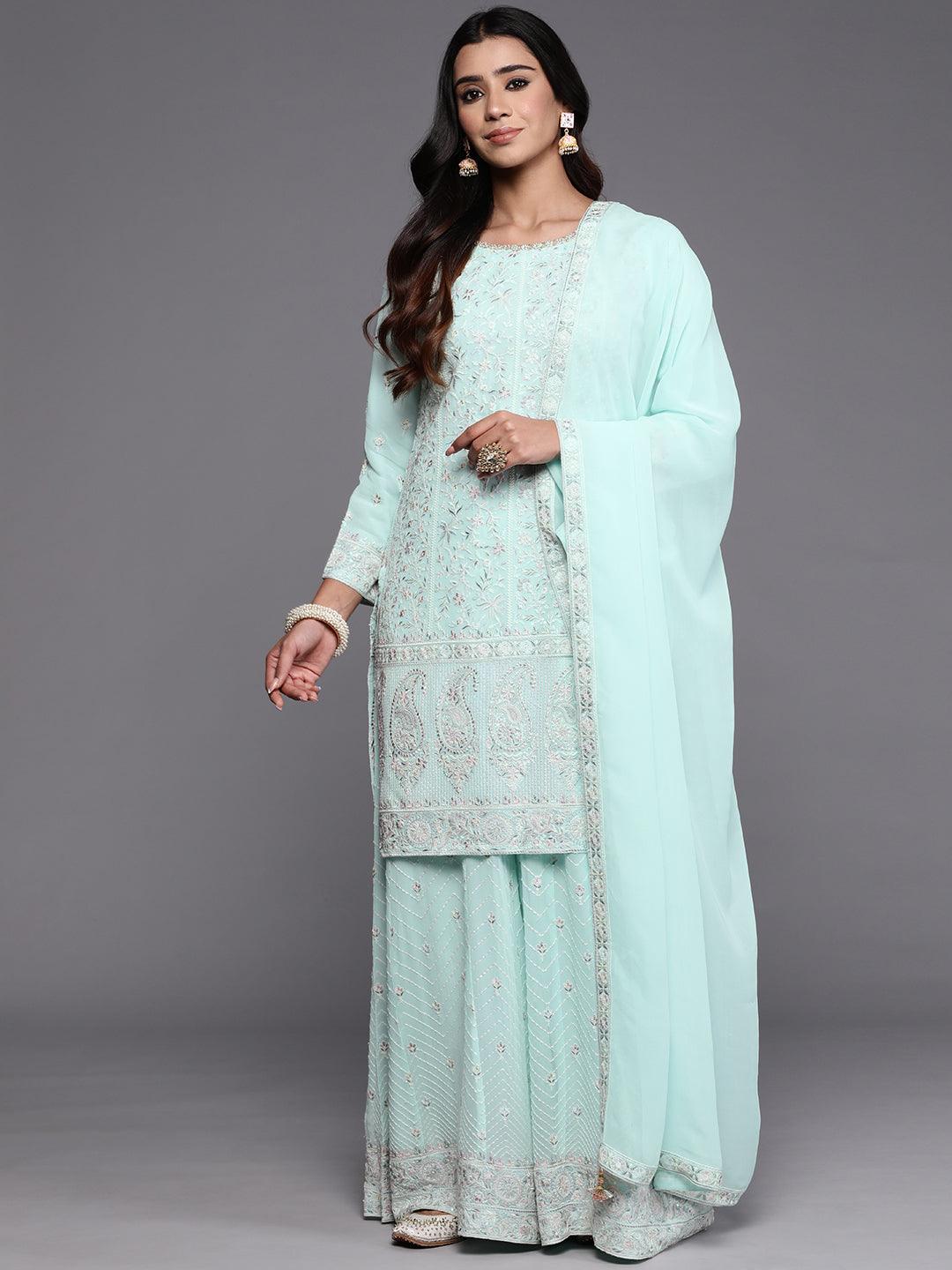 Libas Art Blue Embroidered Georgette Straight Kurta With Palazzos & Dupatta - ShopLibas
