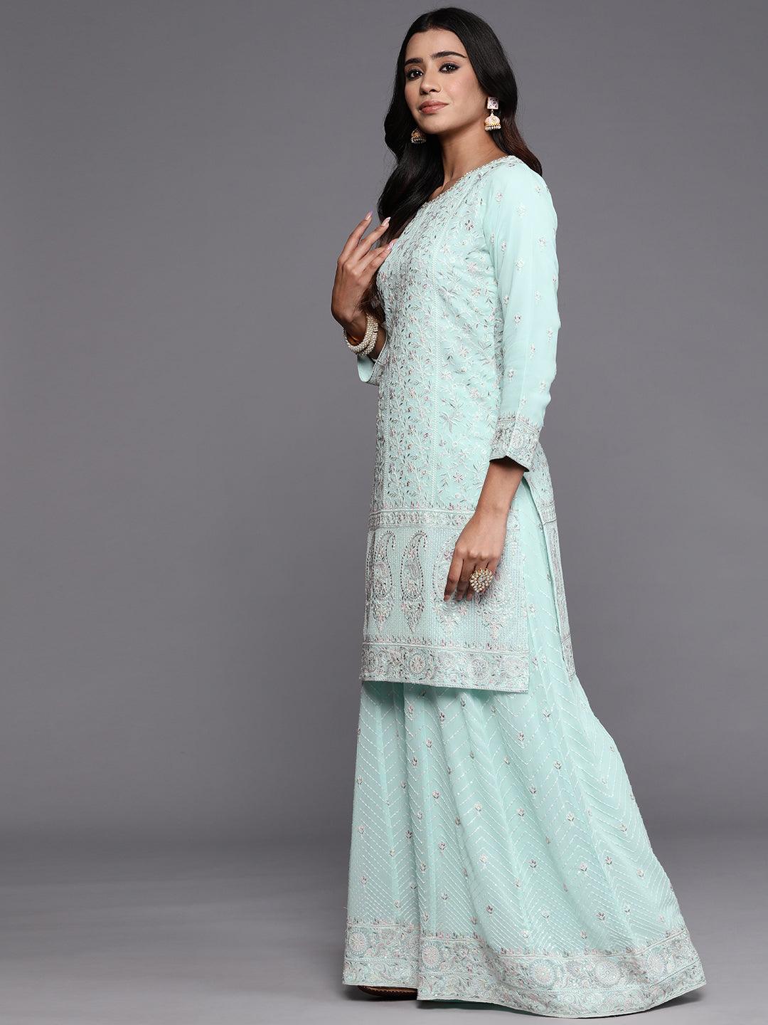 Libas Art Blue Embroidered Georgette Straight Kurta With Palazzos & Dupatta - ShopLibas