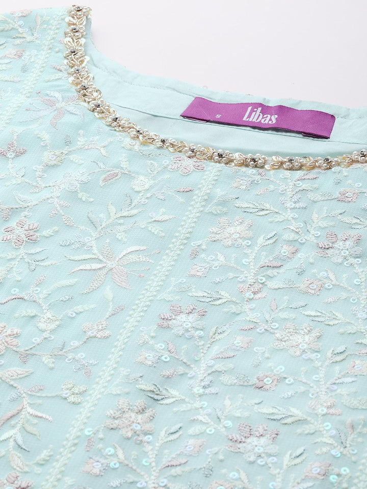 Libas Art Blue Embroidered Georgette Straight Kurta With Palazzos & Dupatta - ShopLibas