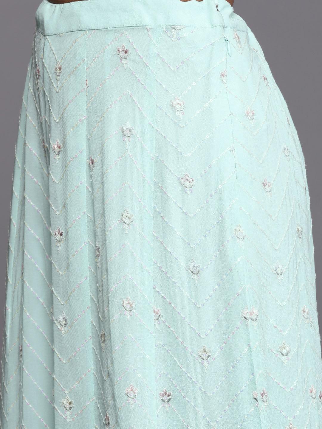 Libas Art Blue Embroidered Georgette Straight Kurta With Palazzos & Dupatta - ShopLibas