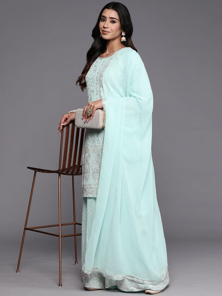 Libas Art Blue Embroidered Georgette Straight Kurta With Palazzos & Dupatta - ShopLibas