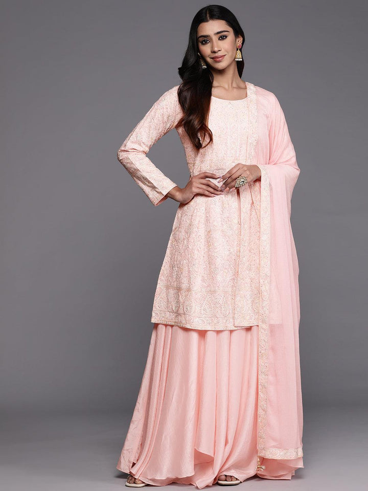 Libas Art Peach Embroidered Silk Blend A-Line Kurta With Palazzos & Dupatta - ShopLibas