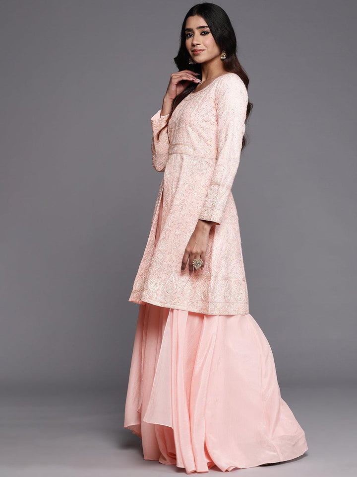 Libas Art Peach Embroidered Silk Blend A-Line Kurta With Palazzos & Dupatta - ShopLibas