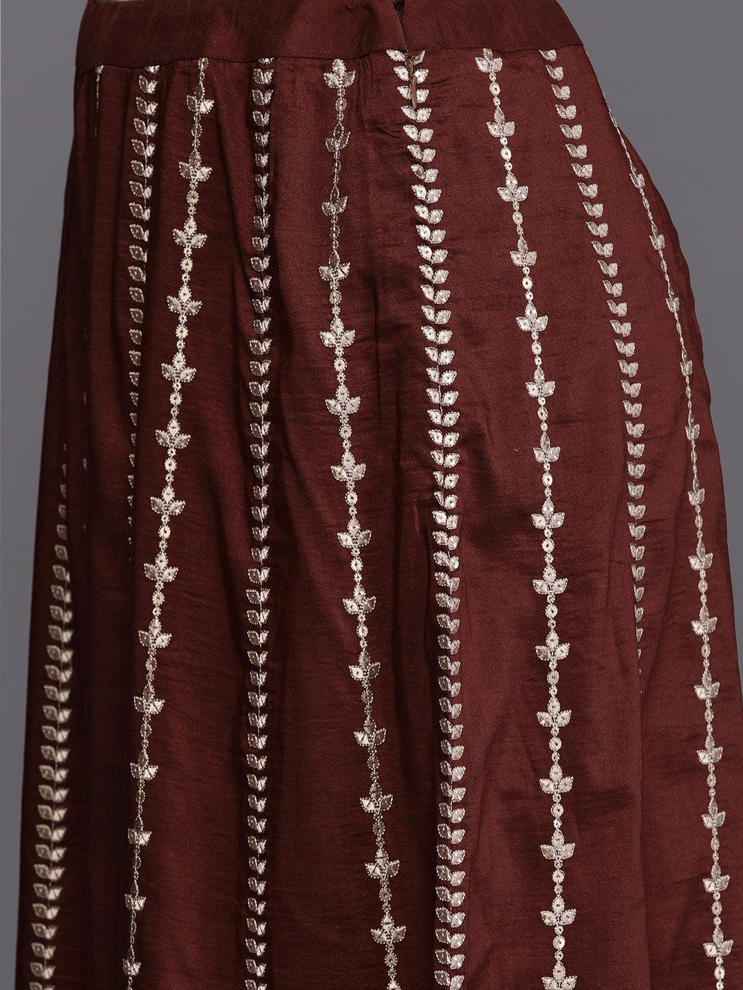 Libas Art Maroon Embroidered Silk Blend Anarkali Kurta With Palazzos & Dupatta - ShopLibas