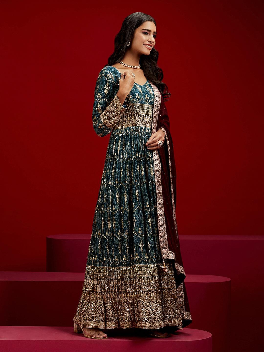 Libas Art Blue Embroidered Georgette A-Line Kurta With Trousers & Dupatta - ShopLibas