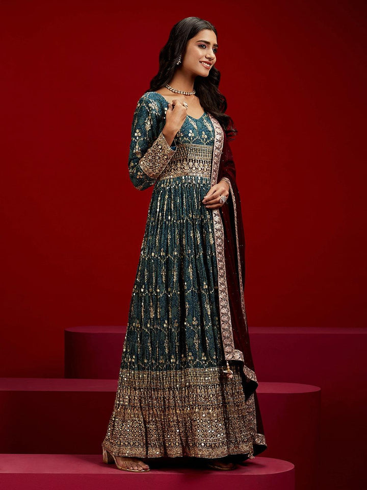 Libas Art Blue Embroidered Georgette A-Line Kurta With Trousers & Dupatta - ShopLibas