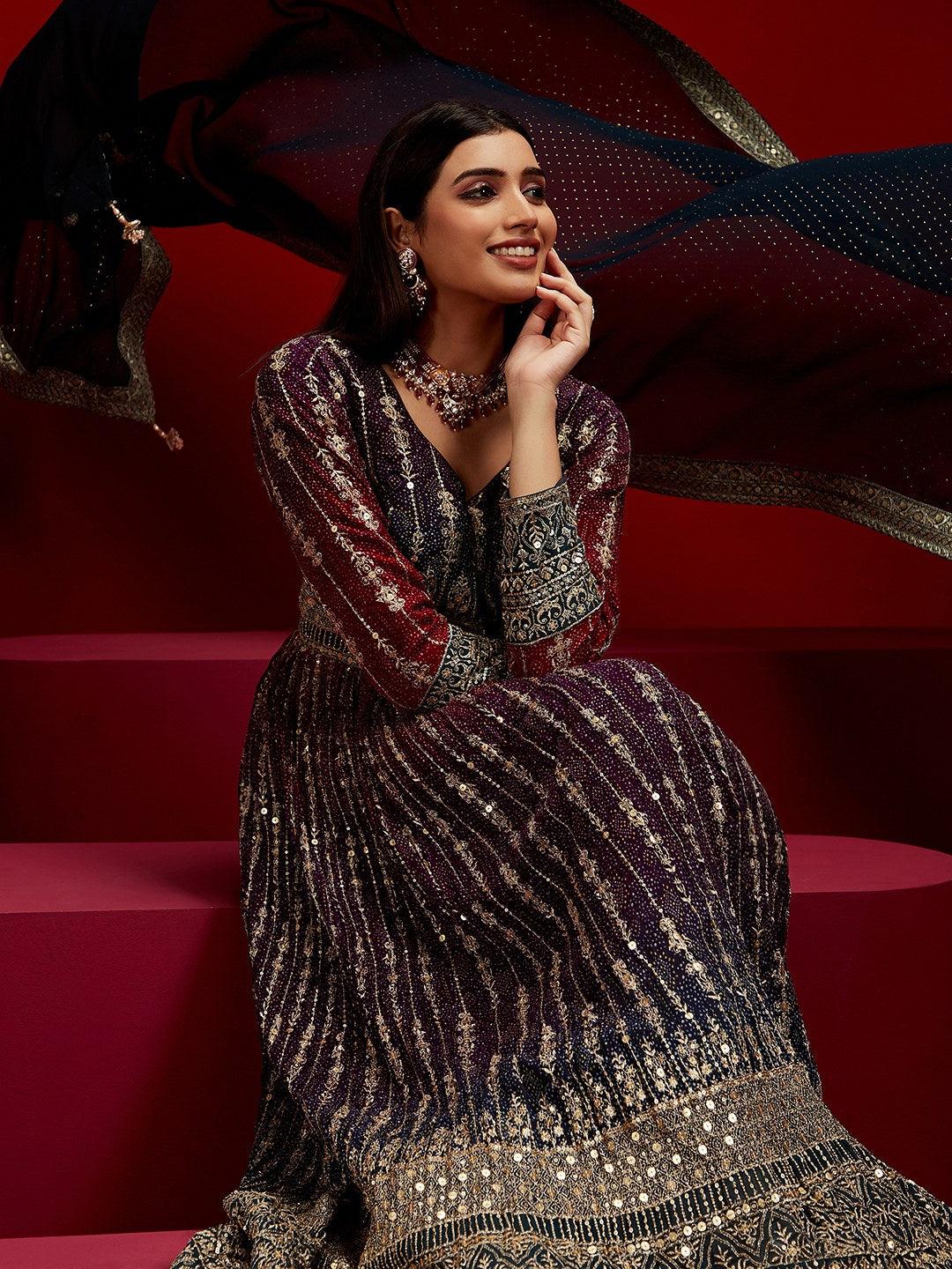 Libas Art Multicoloured Embroidered Georgette A-Line Kurta With Trousers & Dupatta - ShopLibas