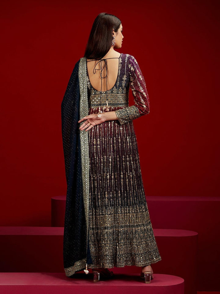 Libas Art Multicoloured Embroidered Georgette A-Line Kurta With Trousers & Dupatta - ShopLibas
