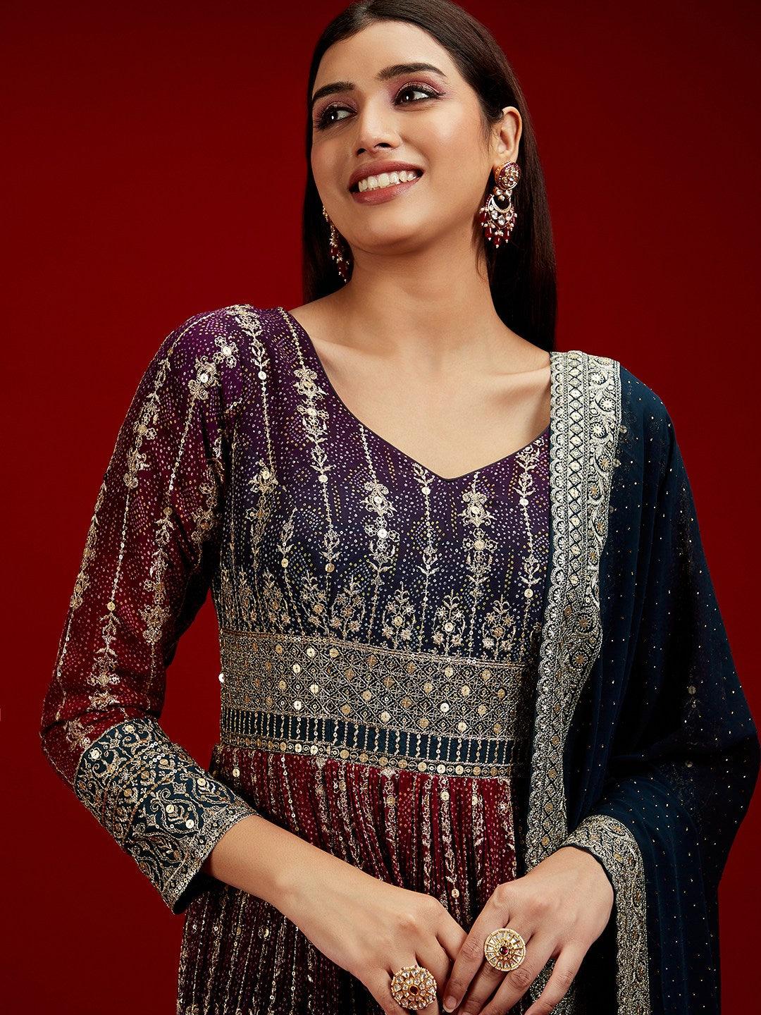 Libas Art Multicoloured Embroidered Georgette A-Line Kurta With Trousers & Dupatta - ShopLibas
