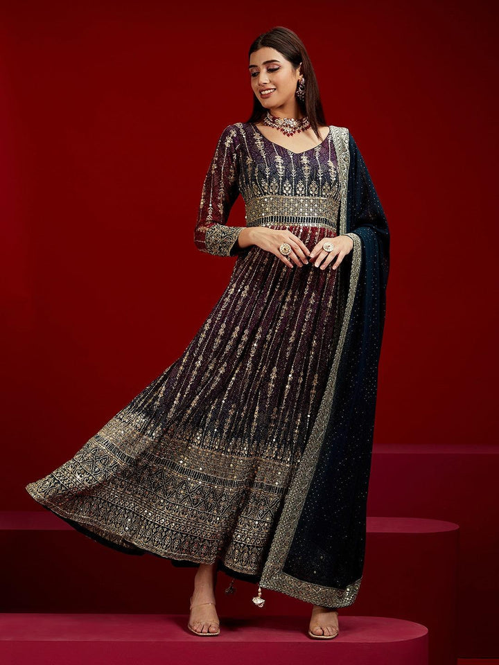 Libas Art Multicoloured Embroidered Georgette A-Line Kurta With Trousers & Dupatta - ShopLibas