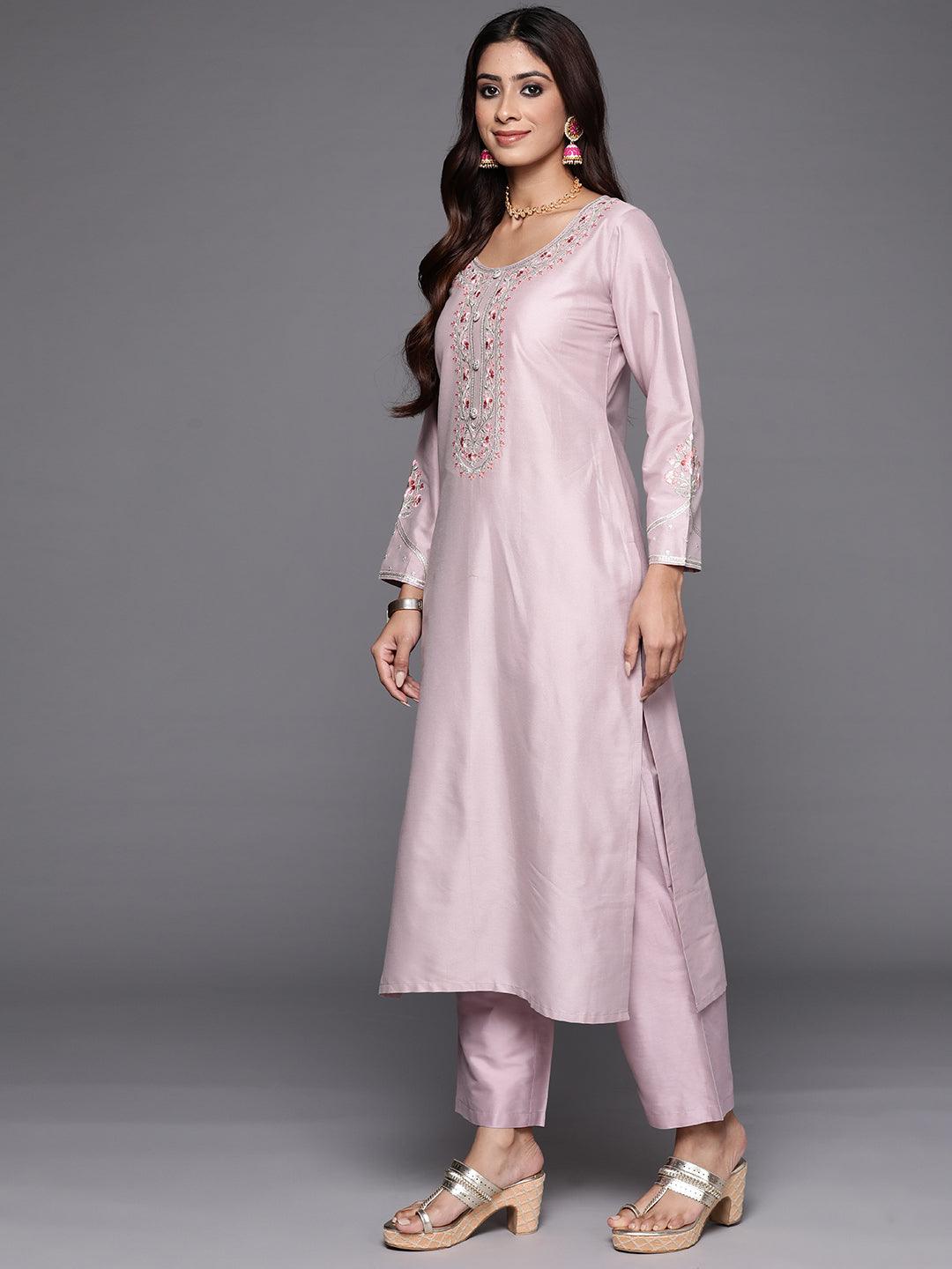 Mauve Yoke Design Silk Blend Straight Kurta With Trousers & Dupatta - ShopLibas 