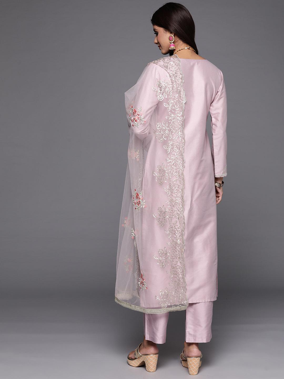 Mauve Yoke Design Silk Blend Straight Kurta With Trousers & Dupatta - ShopLibas 