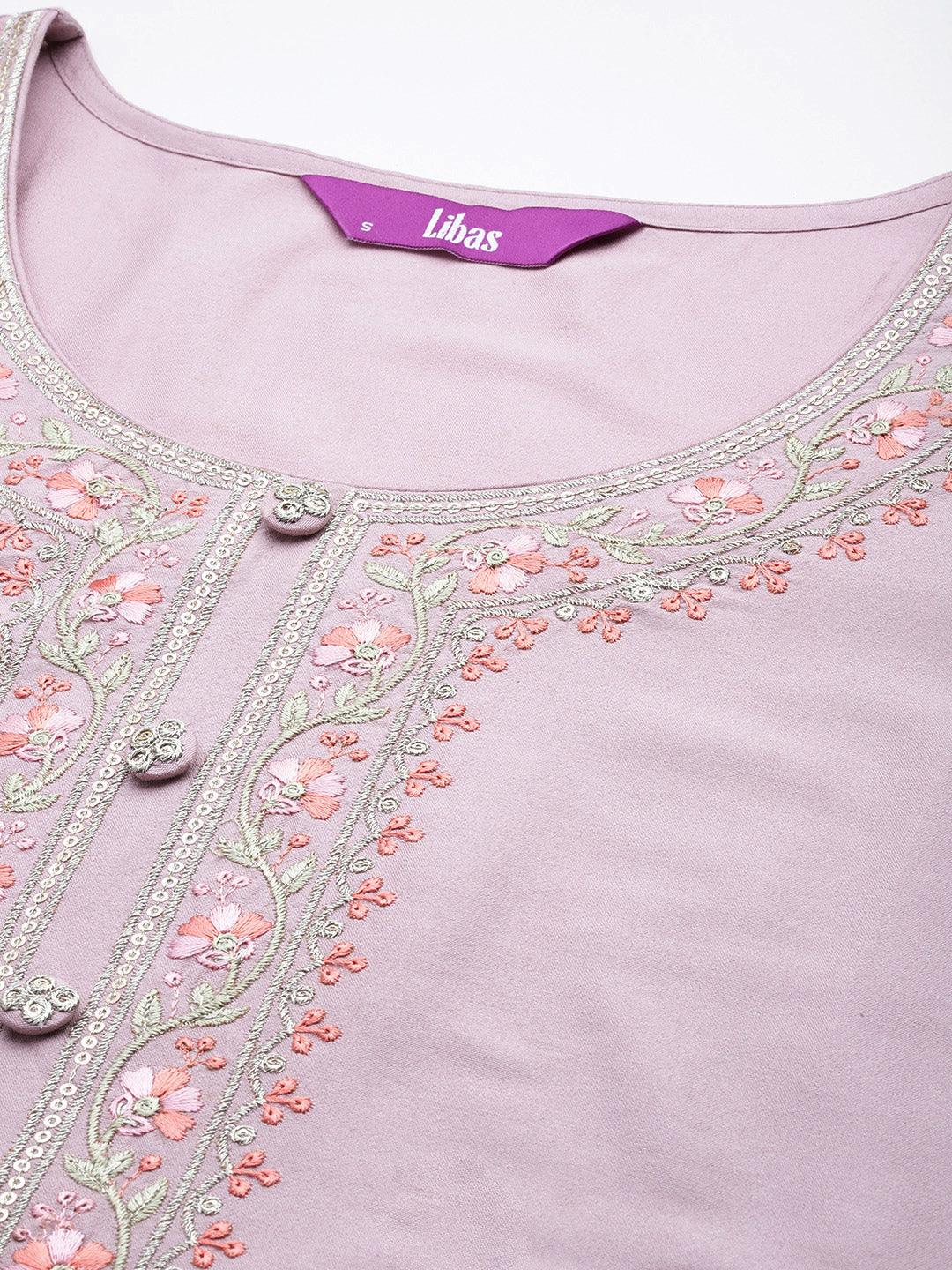 Mauve Yoke Design Silk Blend Straight Kurta With Trousers & Dupatta - ShopLibas 