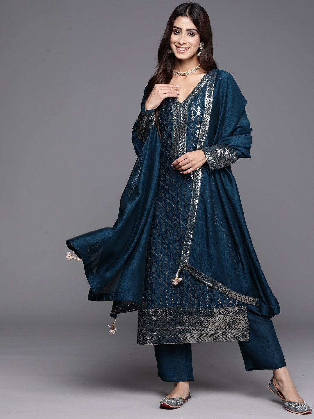 Teal Embroidered Silk Blend Straight Kurta With Trousers & Dupatta - ShopLibas 