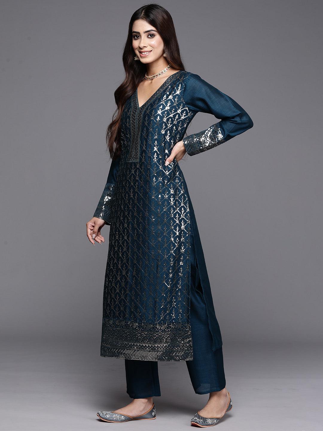 Teal Embroidered Silk Blend Straight Kurta With Trousers & Dupatta - ShopLibas 