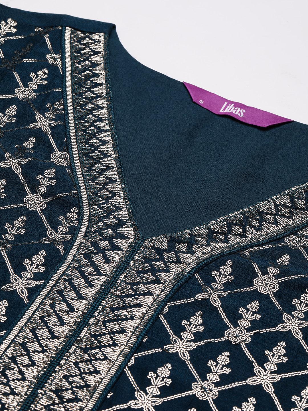 Teal Embroidered Silk Blend Straight Kurta With Trousers & Dupatta - ShopLibas 