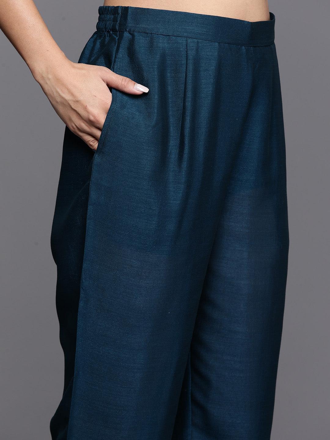 Teal Embroidered Silk Blend Straight Kurta With Trousers & Dupatta - ShopLibas 
