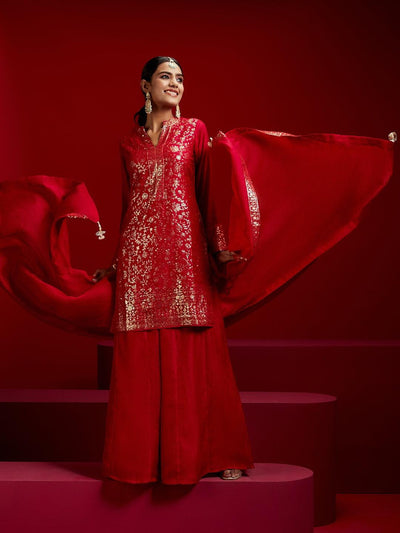 Libas Art Red Self Design Silk Blend Straight Kurta With Palazzos & Dupatta - ShopLibas