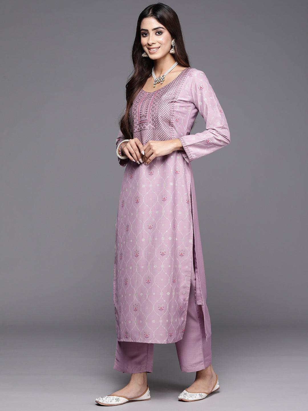 Mauve Printed Silk Blend Straight Kurta With Trousers & Dupatta - ShopLibas 