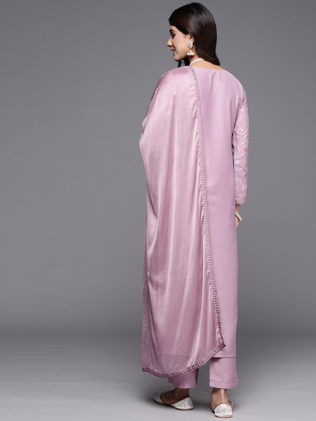 Mauve Printed Silk Blend Straight Kurta With Trousers & Dupatta - ShopLibas 