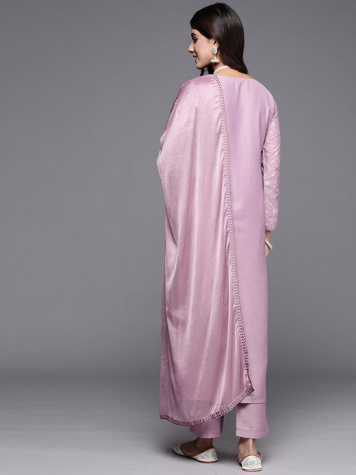 Mauve Printed Silk Blend Straight Suit With Dupatta