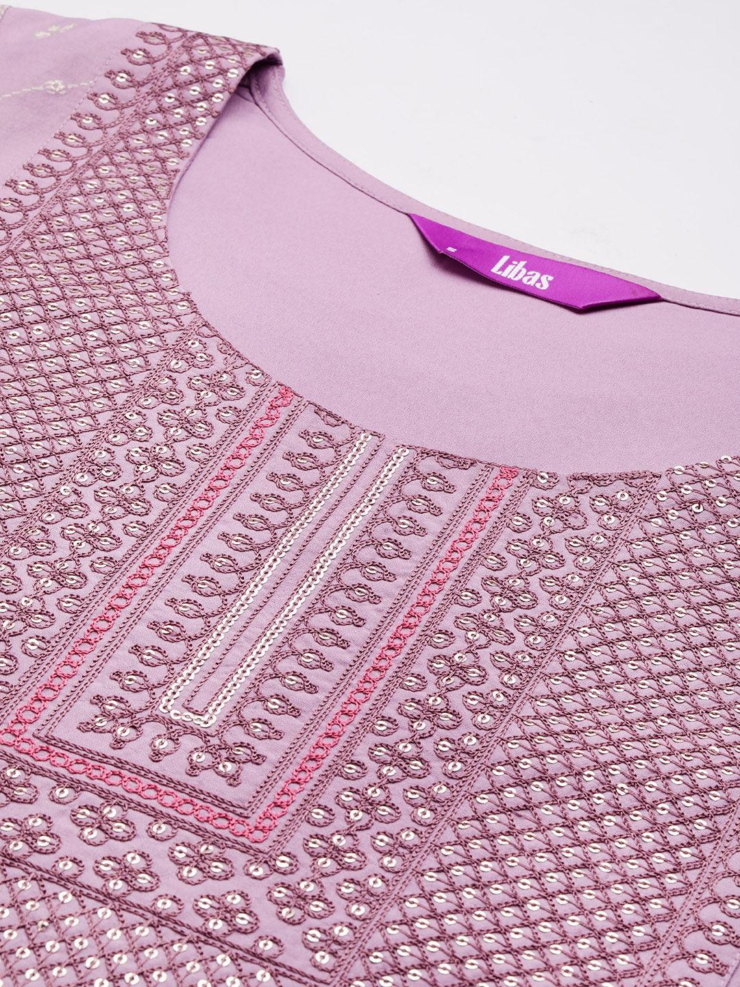 Mauve Printed Silk Blend Straight Kurta With Trousers & Dupatta - ShopLibas 