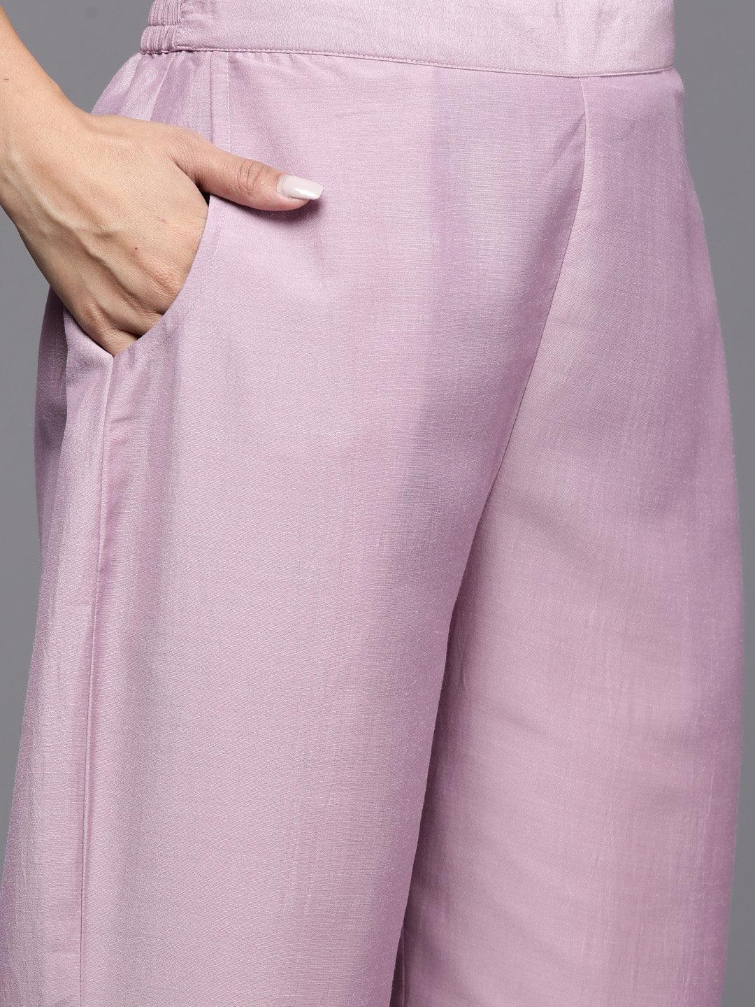 Mauve Printed Silk Blend Straight Kurta With Trousers & Dupatta - ShopLibas 