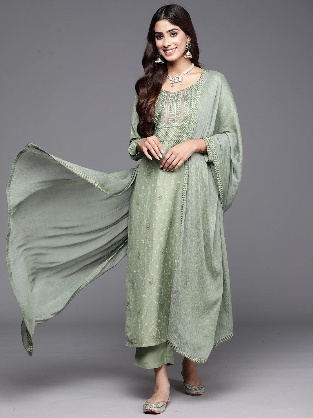 Green Printed Silk Blend Straight Kurta With Trousers & Dupatta - ShopLibas 