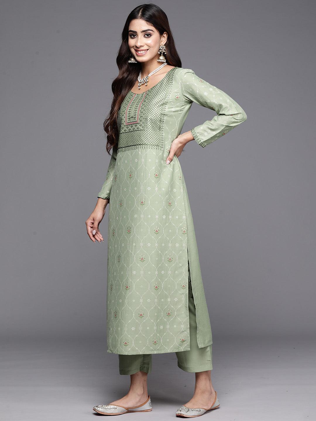 Green Printed Silk Blend Straight Kurta With Trousers & Dupatta - ShopLibas 