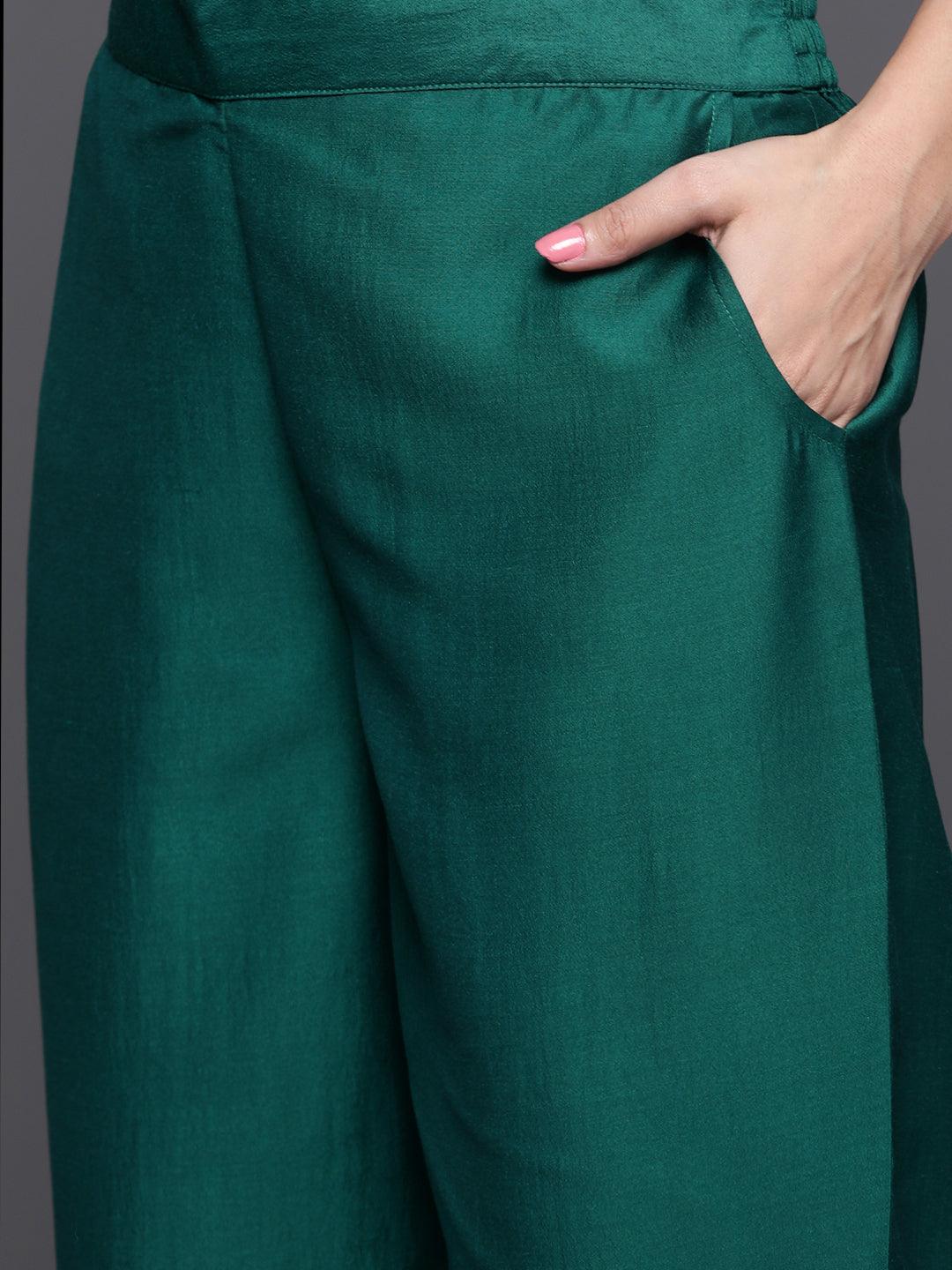 Green Embroidered Silk Blend Straight Kurta With Trousers & Dupatta - ShopLibas