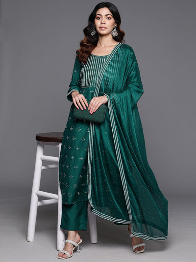 Green Embroidered Silk Blend Straight Kurta With Trousers & Dupatta - ShopLibas