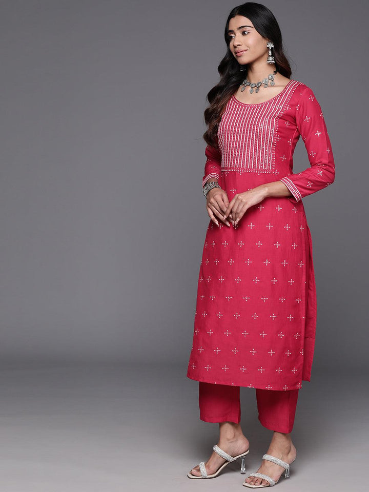 Pink Embroidered Silk Blend Straight Kurta With Trousers & Dupatta - ShopLibas