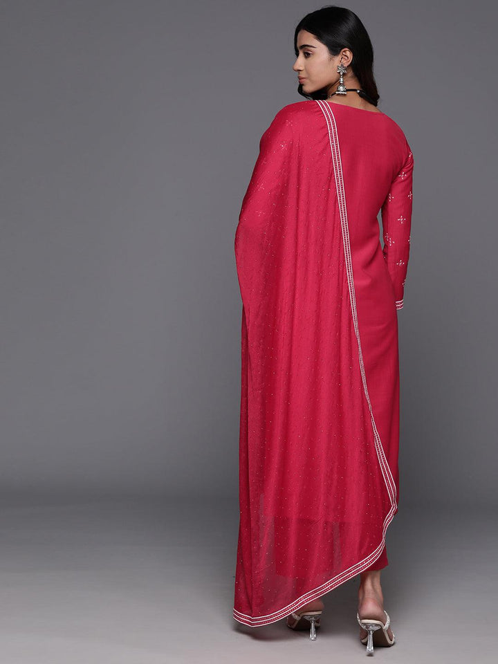 Pink Embroidered Silk Blend Straight Kurta With Trousers & Dupatta - ShopLibas
