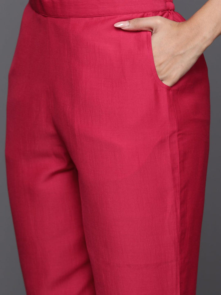 Pink Embroidered Silk Blend Straight Kurta With Trousers & Dupatta - ShopLibas