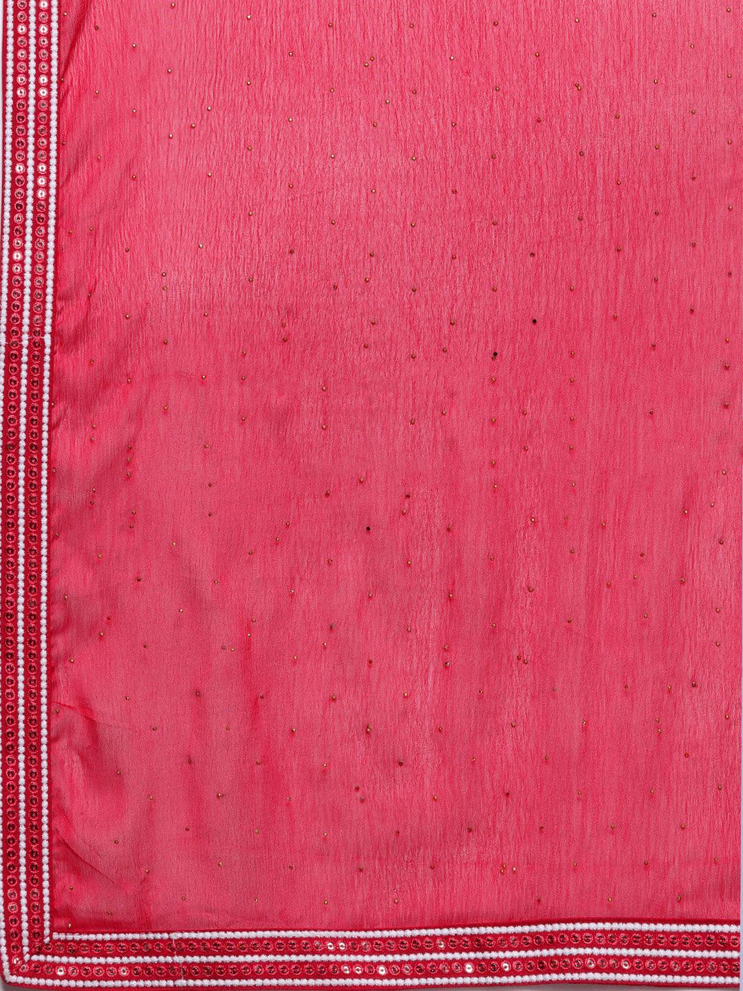 Pink Embroidered Silk Blend Straight Kurta With Trousers & Dupatta - ShopLibas